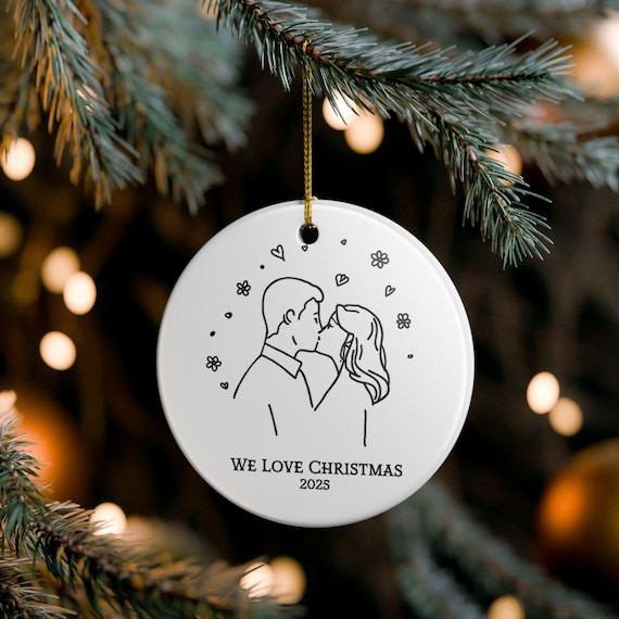 Kissing Couple Love 2025 Line Art Ornament | Ceramic Christmas Ornament, Personalized Year