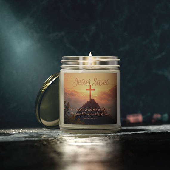 Jesus Saves Cross Sunset Candle | Coconut Apricot Wax Jar| Christian Home Decor