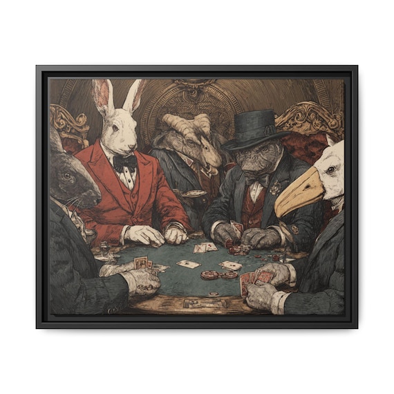 Animal Poker Game Framed Canvas Print, Vintage Style Art