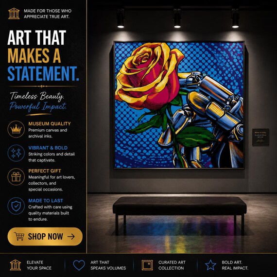 Pop Art on Canvas, Robotic Hand Holding Rose | Retro Decor | Tech Meets Nature, Vibrant
