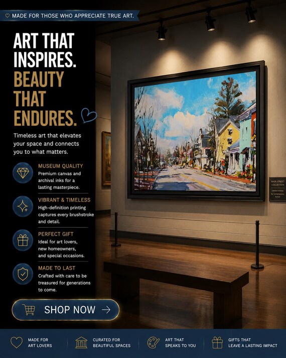 Main Street Wall Art CT Town Scene Canvas| Framed Matte Decor