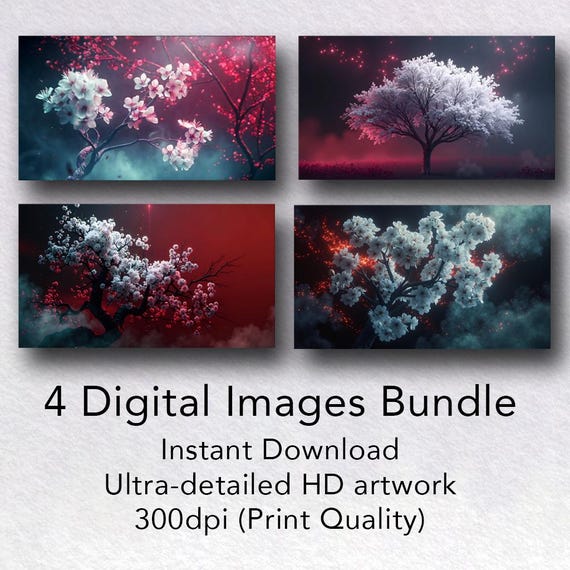 Cherry Blossom Tree, Crimson Sky | Digital Download Wall Art, 4K PNG