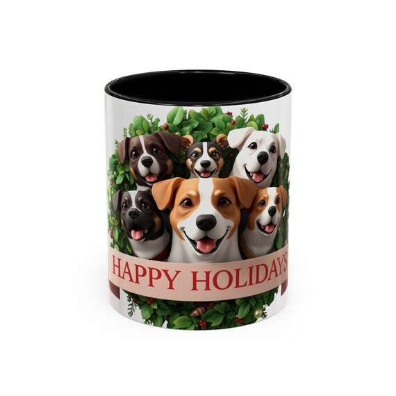 Happy Holidays Dog Wreath Mug | Accent Coffee Mug 11oz 15oz