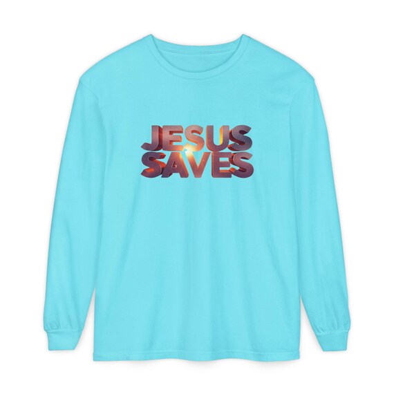 Jesus Saves Long Sleeve T-Shirt | Retro 3D Text Christian Design| Christian Gift
