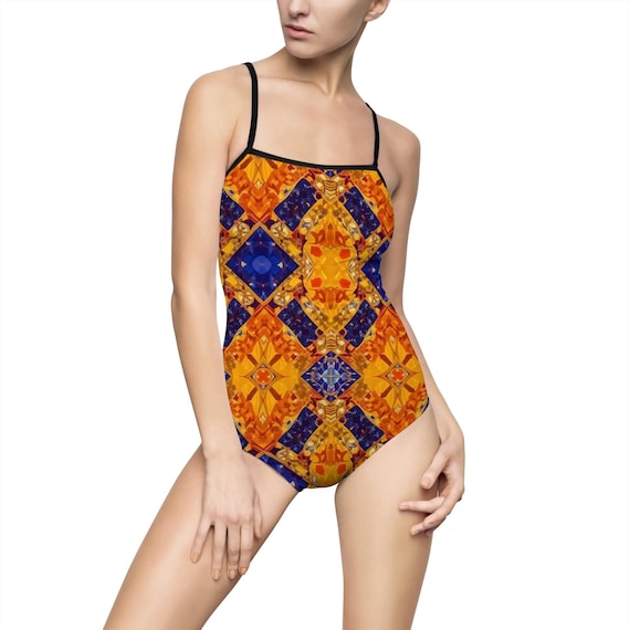 Vintage Swimwear,  One Piece, Orange Blue Mosaic Swimsuit | Retro Summer Bathing Suit for Women
