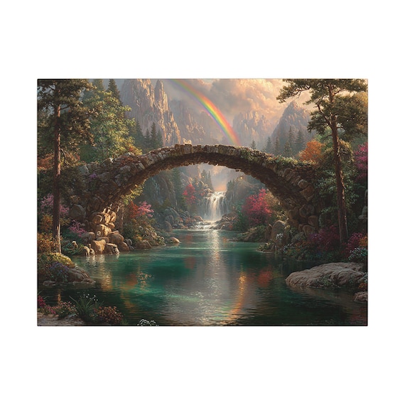 Rainbow Bridge Art, Landscape Canvas Wall Decor, Serene Nature Scene, Pet Passing Memorial