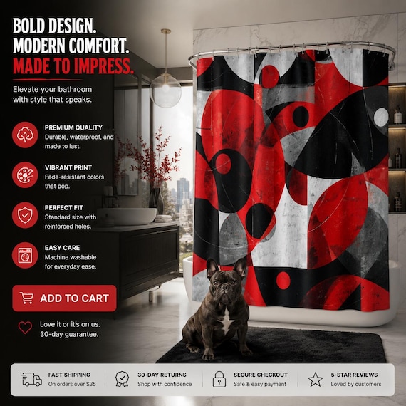 Artistic Home Decor| Geometric Shower Curtain | Bold Red and Black Abstract Art Design