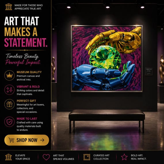 An Artistic Pop Art Oil Painting Robotic Hands Holding Emerald Canvas