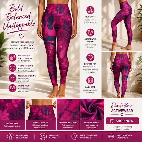 Pink Floral Yoga Leggings High Waisted Activewear | Botanical Silhouette Workout Pants for Women