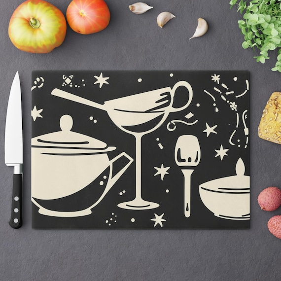 Retro Cutting Board | Vintage Teapot Ladle Spoon Glass Design | Dishwasher Safe Serving & Surface