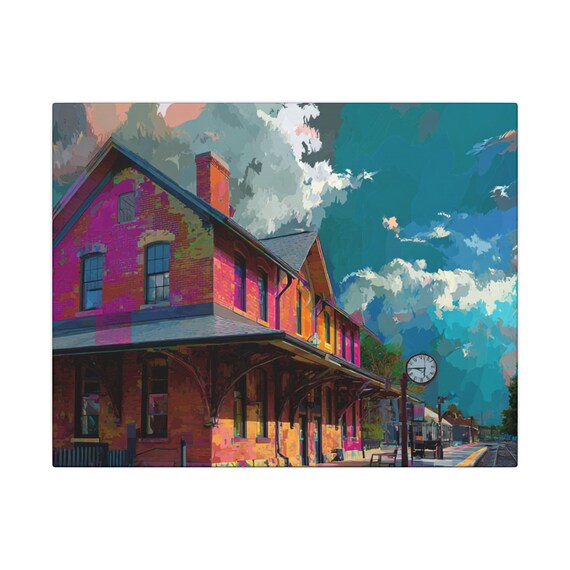 Vintage New England Train Station  Painting Canvas | Stretched Matte Wall Art