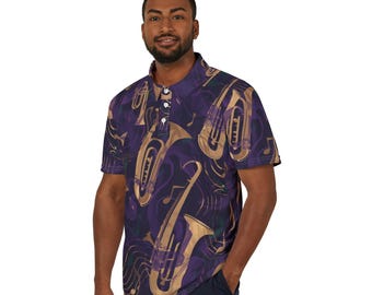 NOLA jazzpoloshirt, vintage shirt met saxofoonpatroon | All-over print instrument
