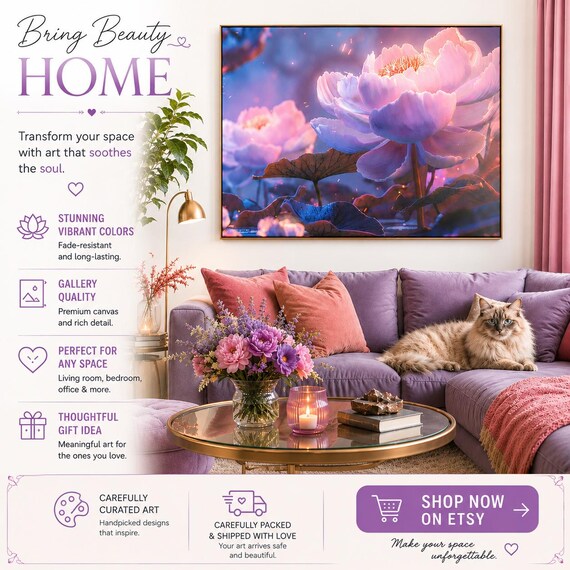 Pink Lotus Wall Art, Floral Canvas | Botanical Bedroom Decor, Meditation Room, Calming Flower