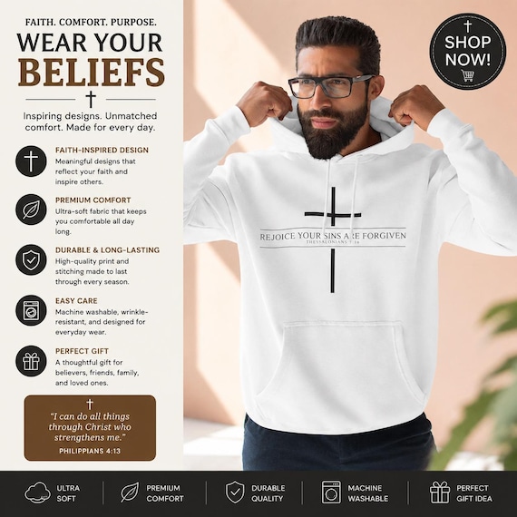 Rejoice Your Sins Are Forgiven Hoodie | Minimal Cross Christian Sweatshirt| Christian Gift