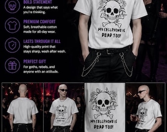 Retro Gothic Tee Skull, Funny Dead Phone Quote, Unisex Casual Graphic Shirt Cotton