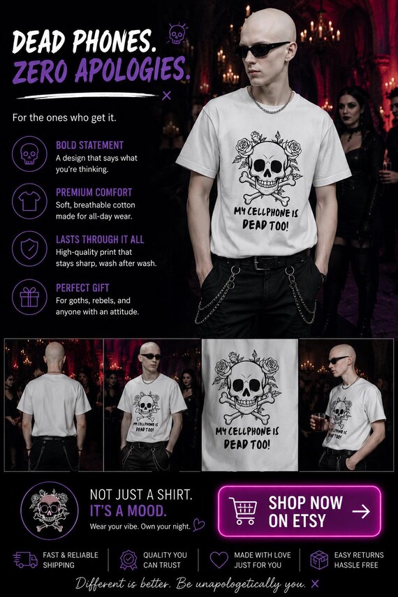 Retro Gothic Tee Skull, Funny Dead Phone Quote, Unisex Casual Graphic Shirt Cotton