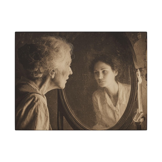 Reflection of Youth Wall Art, Vintage portrait old woman with mirror seeing Younger self.