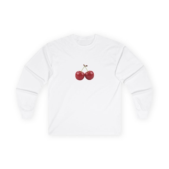 Retro Cherry Tee,  Illustration Long Sleeve, Minimal Fruit Graphic Cotton Shirt, Vintage Unisex