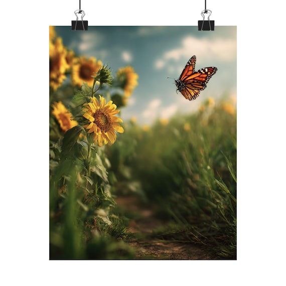 Butterfly & Sunflower Field Matte Poster | Nature Wall Art| Nature Gift