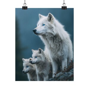 May include: A print featuring three white wolves with striking blue eyes. The wolves are positioned on a rocky surface against a blurred, dark blue background. The image is held by two black binder clips.