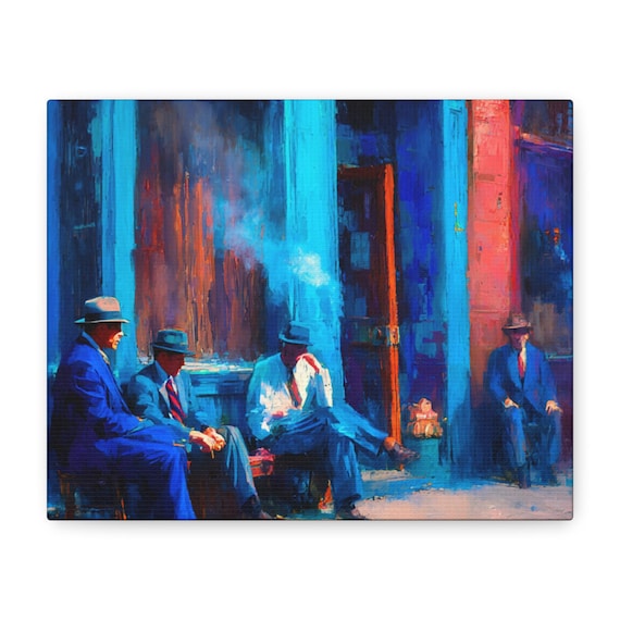Street Scene Canvas | Matte Stretched Urban Wall Art, Blue Retro Artwork, Lounge & Living Room