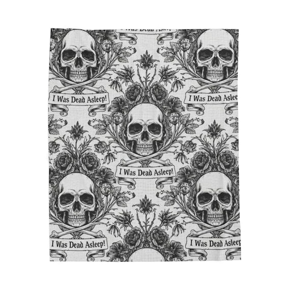 Goth Plush Throw, Skull & Floral Pattern I Was Dead Asleep Velveteen Comfy Blanket