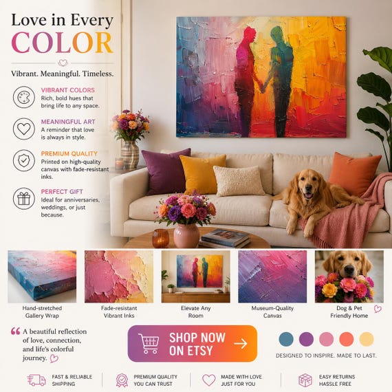 Two abstract, luminous figures gently touching hands, creating a burst of colorful, warm energy and Healing. | Stretched Canvas