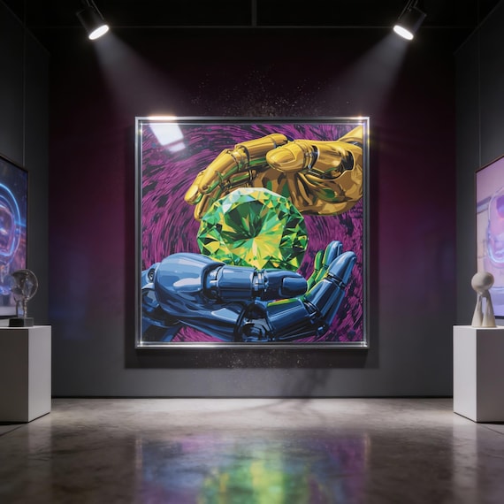 Artistic Pop Art Oil Painting of Robotic Hands Holding Emerald Diamond | Modern Cyberpunk Decor