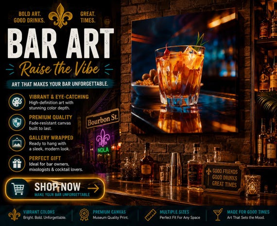 Bar Cocktail Art, Negroni and Nuts Matte Canvas, Lounge Wall Decor, Drink Print, Home