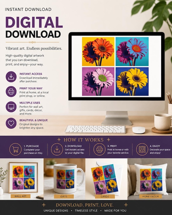 Flower Pop Art | High Resolution Floral Printable | Modern Retro Design | Instant Download | Digital Artwork
