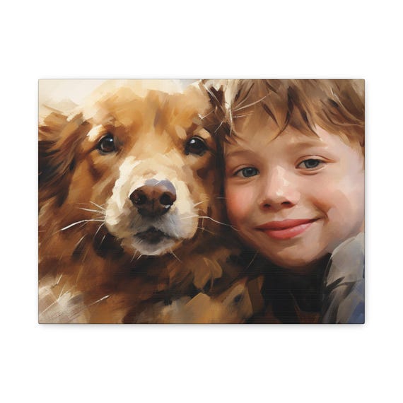 Dog Rescue Art, Bond Kid and Pup Portrait Canvas Wall Matte Stretched Family Home Decor