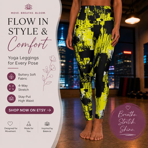 Yellow Black Abstract Paint Splash Leggings| Yoga Pants for Women