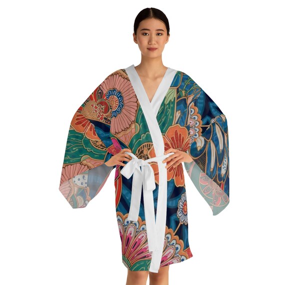 Floral Kimono Robe, Bohemian Loungewear, Long Sleeve Polyester| Gift for Her