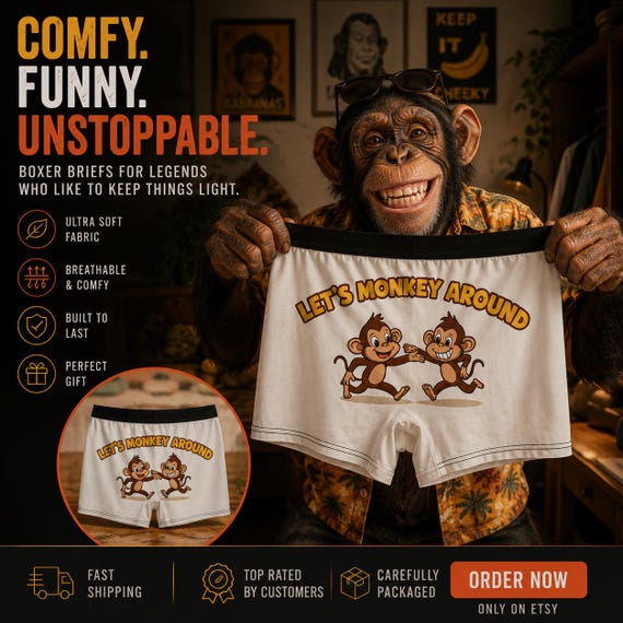 Playful Monkey Boxer Briefs - Fun, Gift for Him, Gifts for Dad, Birthday Surprise, Lightweight Comfort