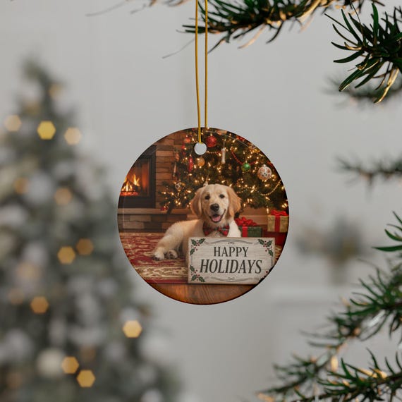 Golden Retriever with Happy Holidays Sign Ornament | Ceramic Round Christmas Ornament