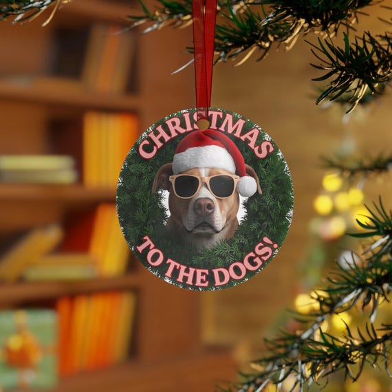 Christmas to the Dogs Dog Face Ornament | Metal Round Holiday Decoration