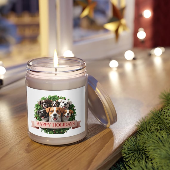 Happy Holidays Dog Wreath Candle | Scented Soy Candle, White Lid