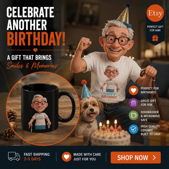 Happy Birthday Cartoon Grandpa Mug | Black Ceramic Coffee Mug