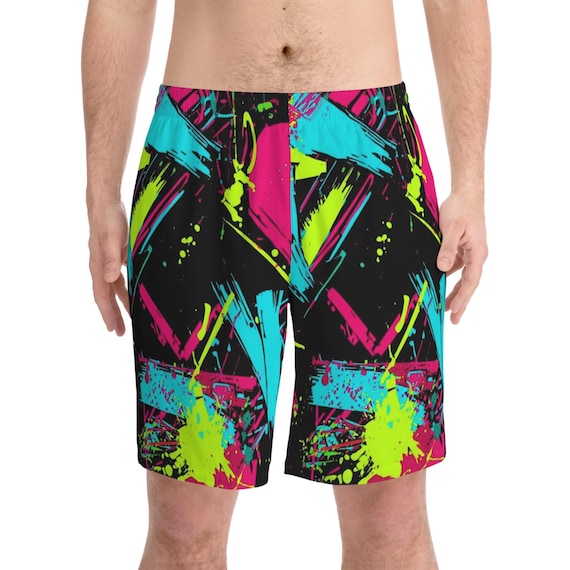 Retro Beach Shorts, Neon Paint Splatter Gear for Men | Graphic Swim Trunks, Summer Casual