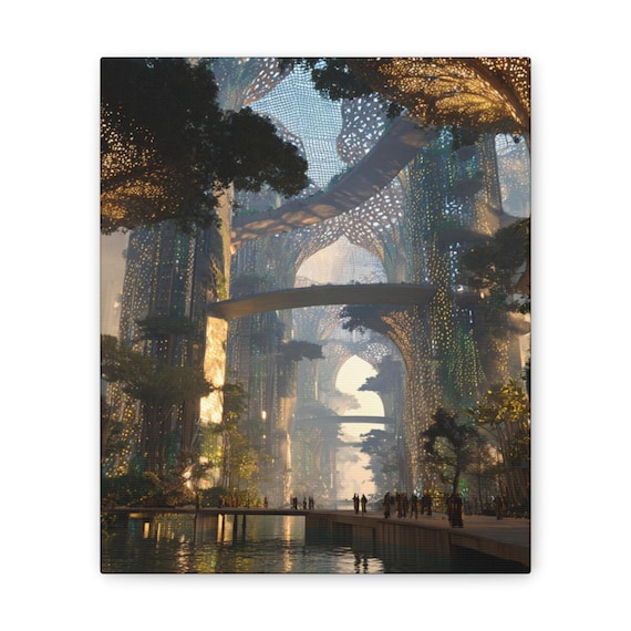 Solarpunk Cityscape Canvas Art | Futuristic Vertical Wall Decor | Sci-Fi Modern Home or Office