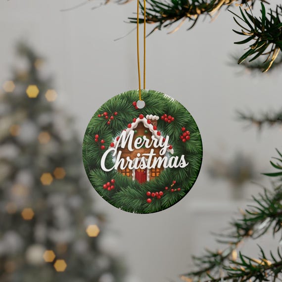 Merry Christmas Gingerbread House Wreath Ceramic Ornament
