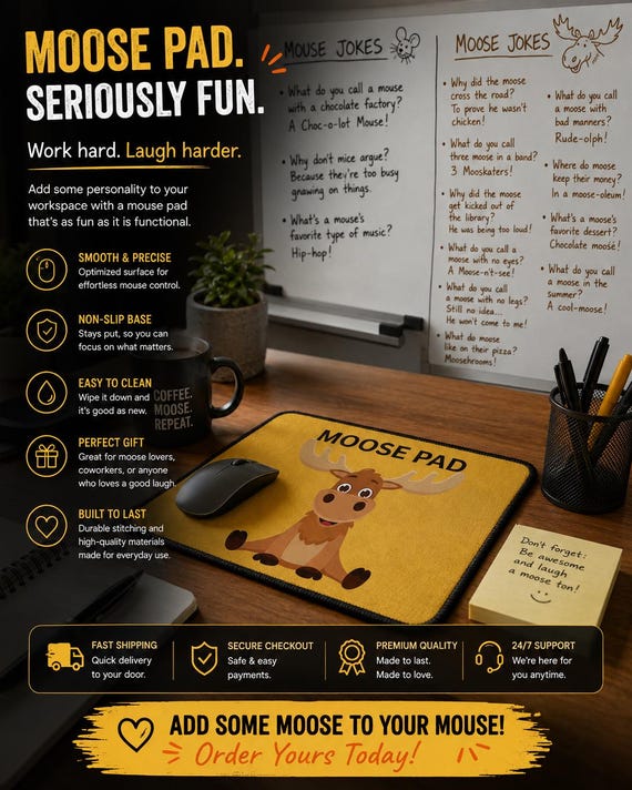 Gaming Mouse Pad, Moose Mat, Fun Desk Decor for Gamers , durable thick neoprene