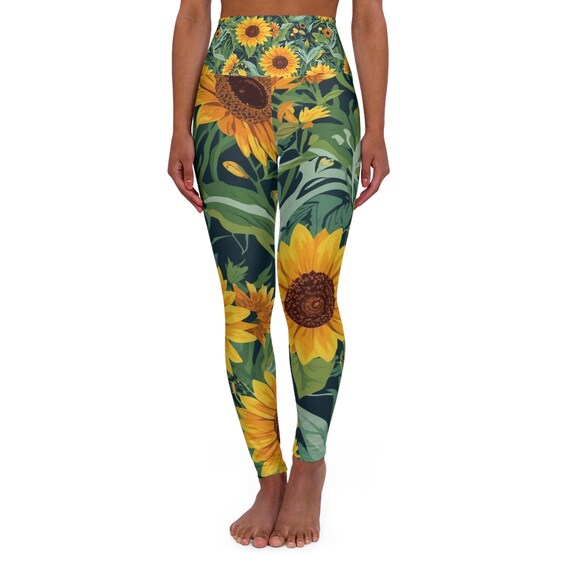 Sunflower Print High Waisted Yoga Leggings, Activewear
