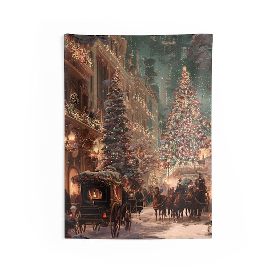 Vintage Christmas Tapestry, Festive City Scene, Holiday Wall Art