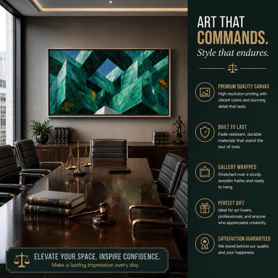 Legal Office Art, Emerald Geometric Maze Canvas, Modern Abstract Wall Decor,