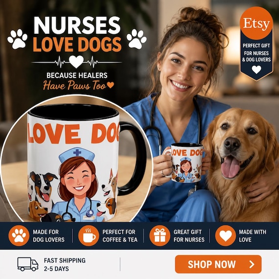 Nurse Gift Mug, I Love Dogs Illustration Coffee Cup | Bright White Ceramic