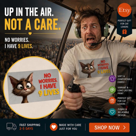Cartoon Cat Graphic Tee: No Worries I Have 9 Lives