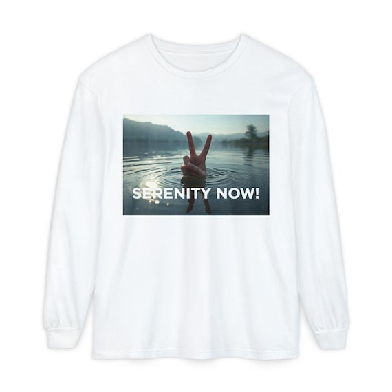 Serenity Now! Peace Sign Lake Photo Long Sleeve T-Shirt| Drowning Man Mental Health Tee