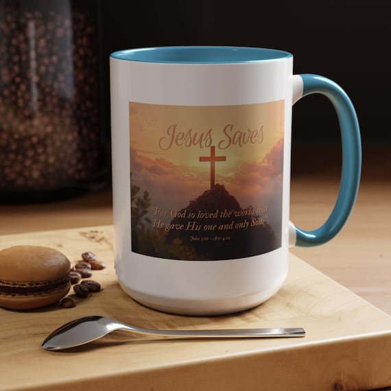 Jesus Saves Scripture Cross Sunrise mug | Accent Coffee Mug 11oz 15oz| Jesus Followers Gift
