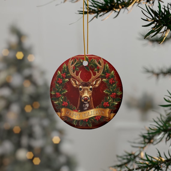 Reindeer Wreath Happy Holidays Ornament | Ceramic Round Double-Sided
